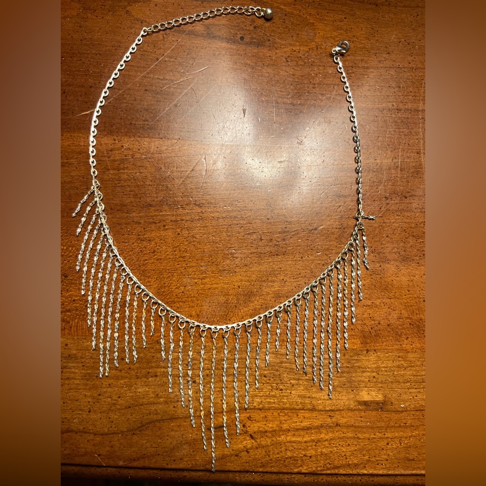 Forever 21 Silver Tiered Triangle Fringe Choker Necklace 90s Metallic adjustable
